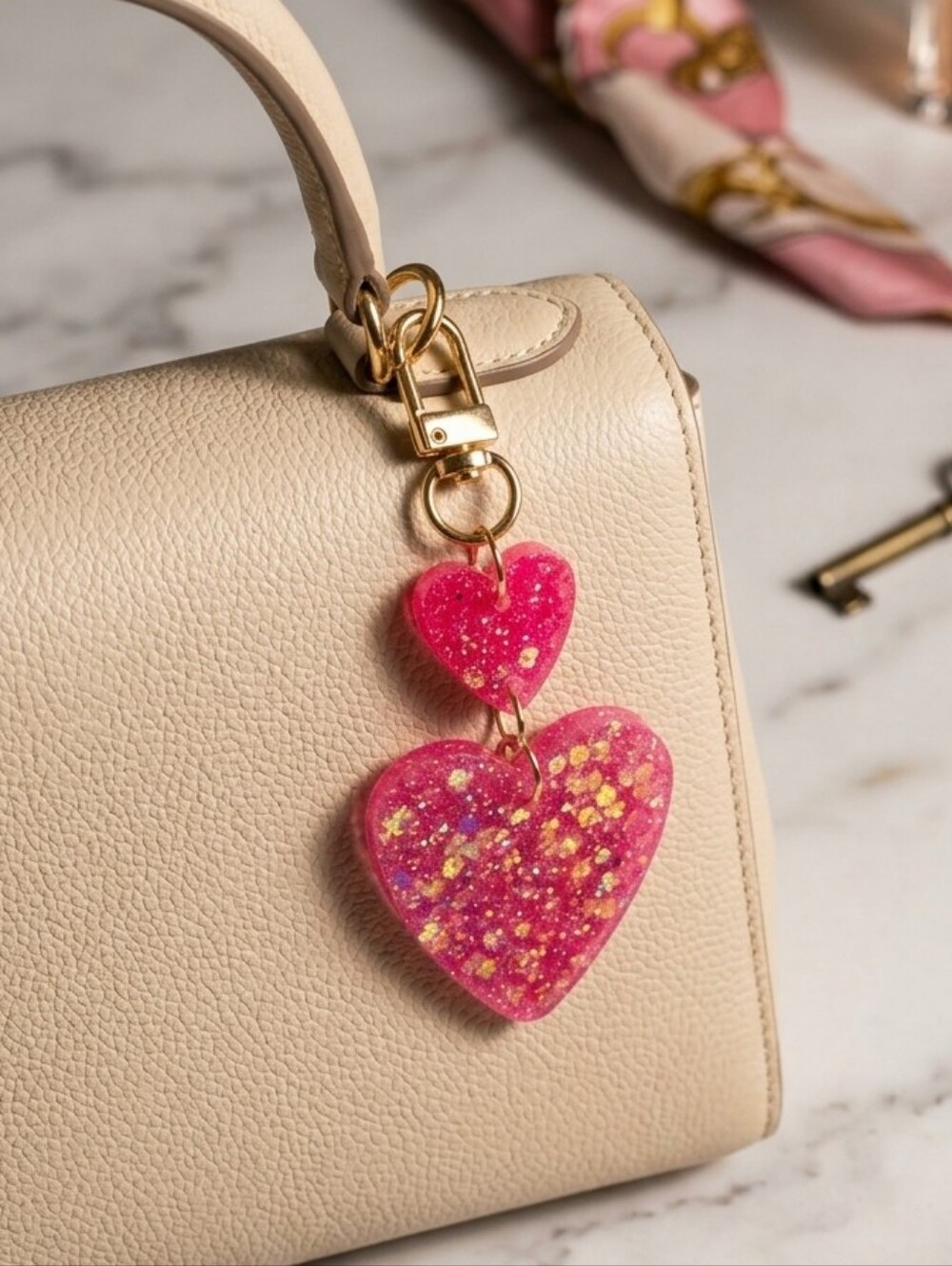 Handcrafted Pink Glitter Resin Double Heart Bag Charm & Keychain